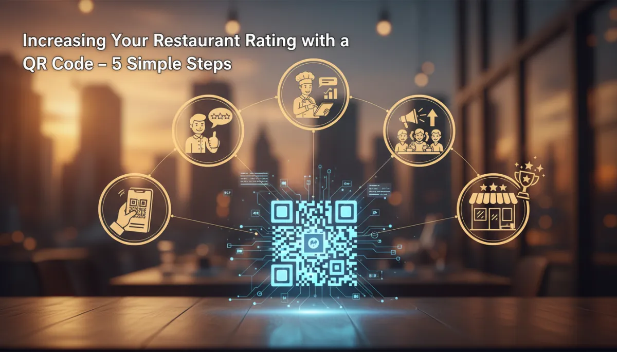 Restaurangägare vid dator som analyserar QR kod Google recensioner och Scan2Rate restaurang-data för att öka restaurangbetyg QR