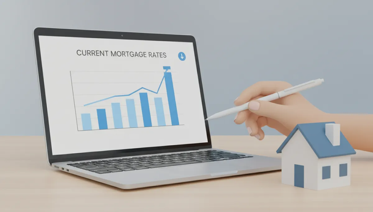 Mortgage rate comparison chart on a laptop next to a model house and documents Mortgage rate comparison chart on a laptop next to a model house and documents