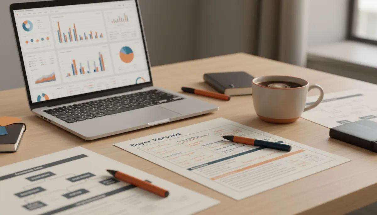 Printed buyer persona document on a desk beside analytics dashboards