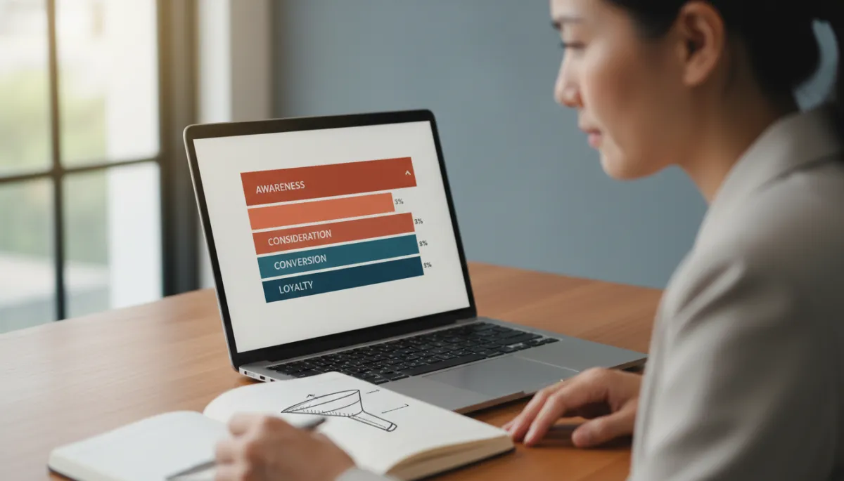 Marketing leader reviewing funnel performance metrics on a laptop