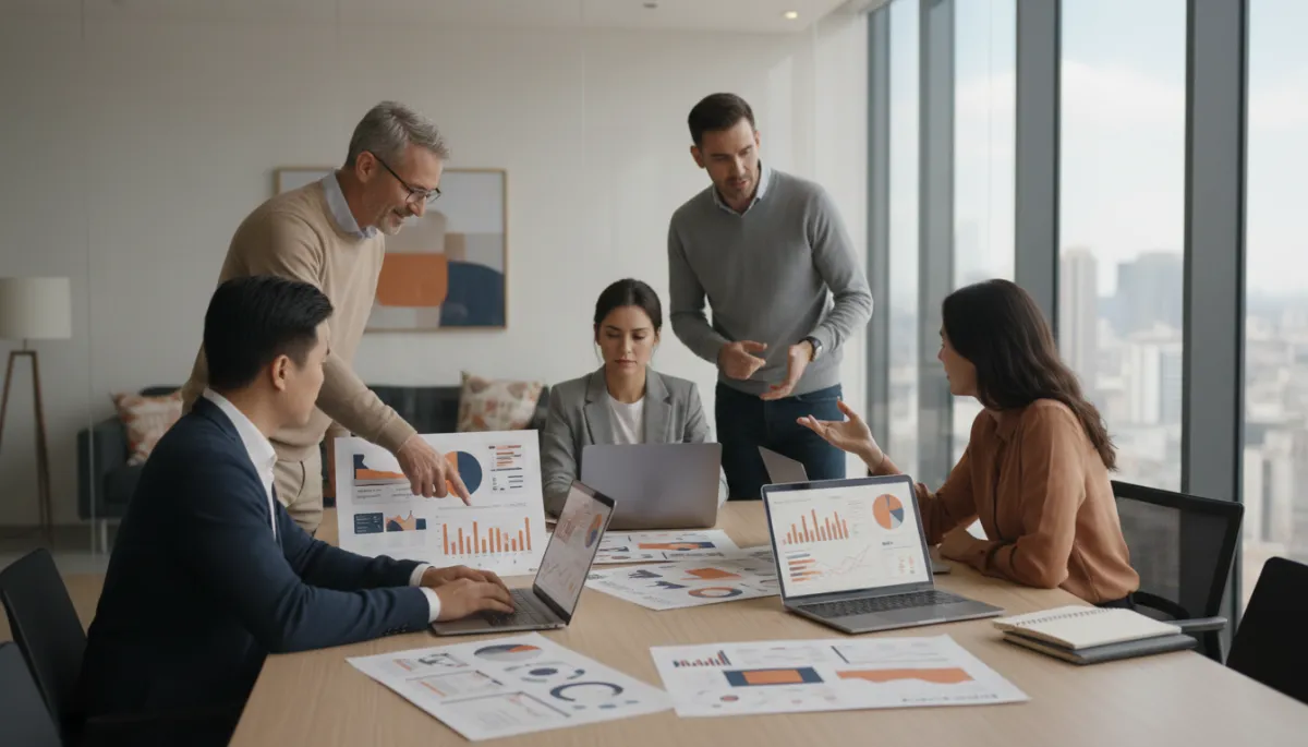 photorealistic neutral-toned modern marketing team in a glass-walled office reviewing printed customer persona boards and analytics dashboards on laptops, soft natural light, subtle accents in persimmon and dark azure brand colors
