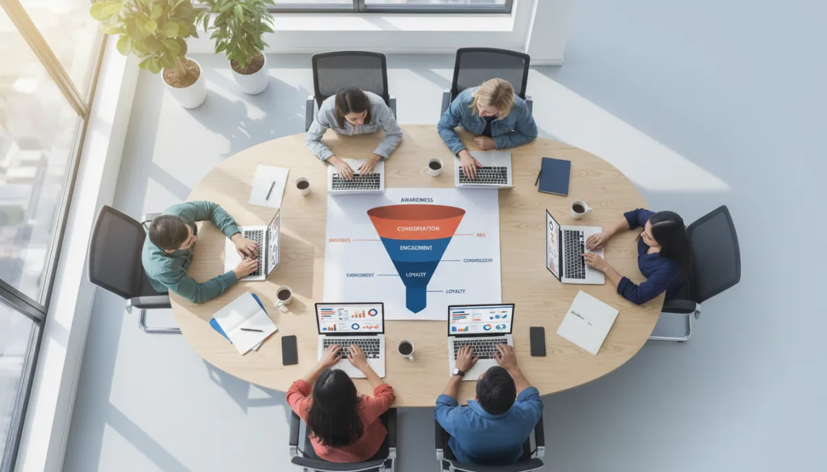 photorealistic overhead view of a marketing team in a modern office collaborating around a large table, with a printed funnel diagram from awareness to loyalty highlighted in persimmon and dark azure, laptops open to analytics dashboards, soft natural light