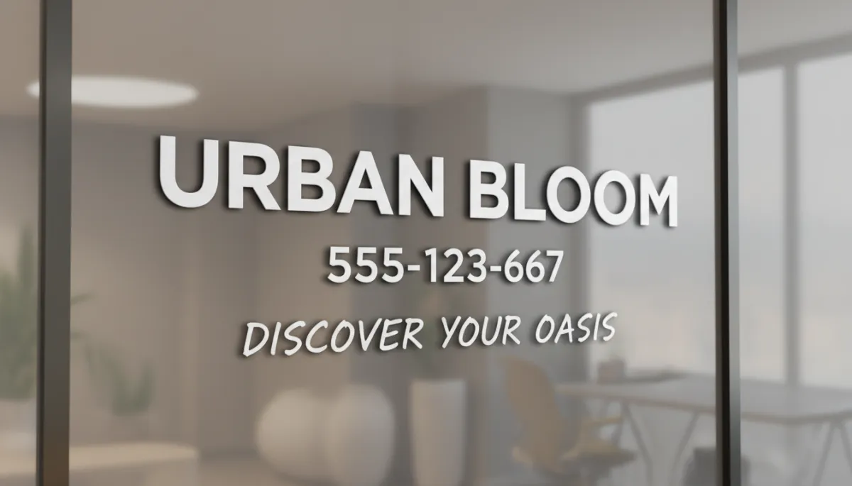 Storefront window with bold clear business contact details