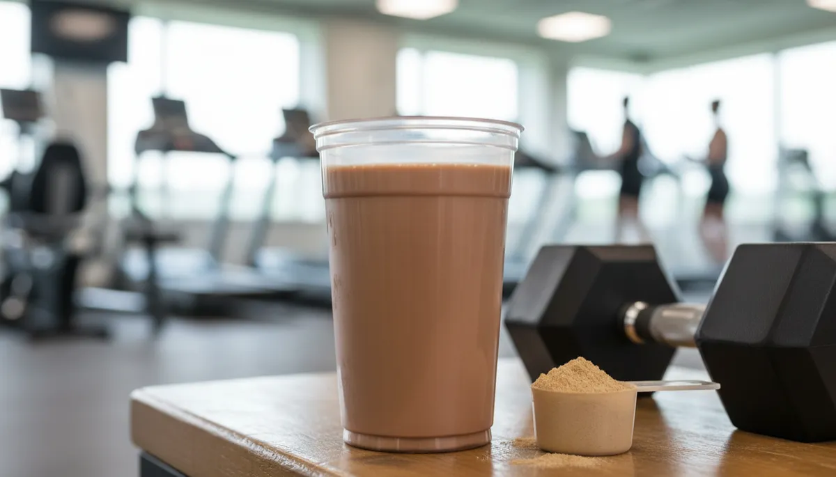 Ein hochwertiges Querformat-Foto (16:9) in einem modernen, hellen Fitnessstudio: Im Vordergrund steht ein transparenter Kunststoff-Protein-Shaker (Plastikbecher mit Skala), OHNE Deckel und ohne Schraubverschluss, gefüllt mit einem cremigen Schokoladen-Eiweißshake, auf einer Bank oder Ablage. Daneben liegt ein Messlöffel mit Proteinpulver und eine Hantel. Kein Glas, keine Glasflasche, keine Trinkgläser, keine Eiswürfel. Der Hintergrund ist unscharf und zeigt ein modernes Fitnessstudio. Frisches, helles Werbelicht, keine Schrift, kein Logo im Bild.