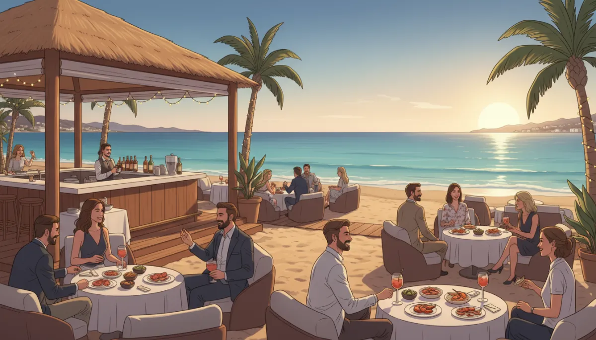 Foto realista de un chiringuito elegante frente al mar en la Costa del Sol durante la última hora de la tarde, con el mar en calma y luz cálida, ambiente relajado y personas disfrutando tapas. Sin ilustraciones ni filtros artificiales. Foto realista de un chiringuito elegante frente al mar en la Costa del Sol durante la última hora de la tarde, con el mar en calma y luz cálida, ambiente relajado y personas disfrutando tapas. Sin ilustraciones ni filtros artificiales.