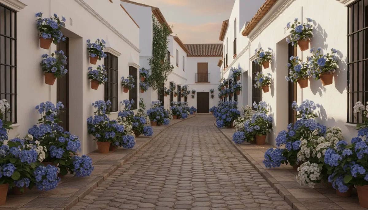 Calle tradicional del barrio judío de Córdoba con casas encaladas y flores Calle tradicional del barrio judío de Córdoba con casas encaladas y flores