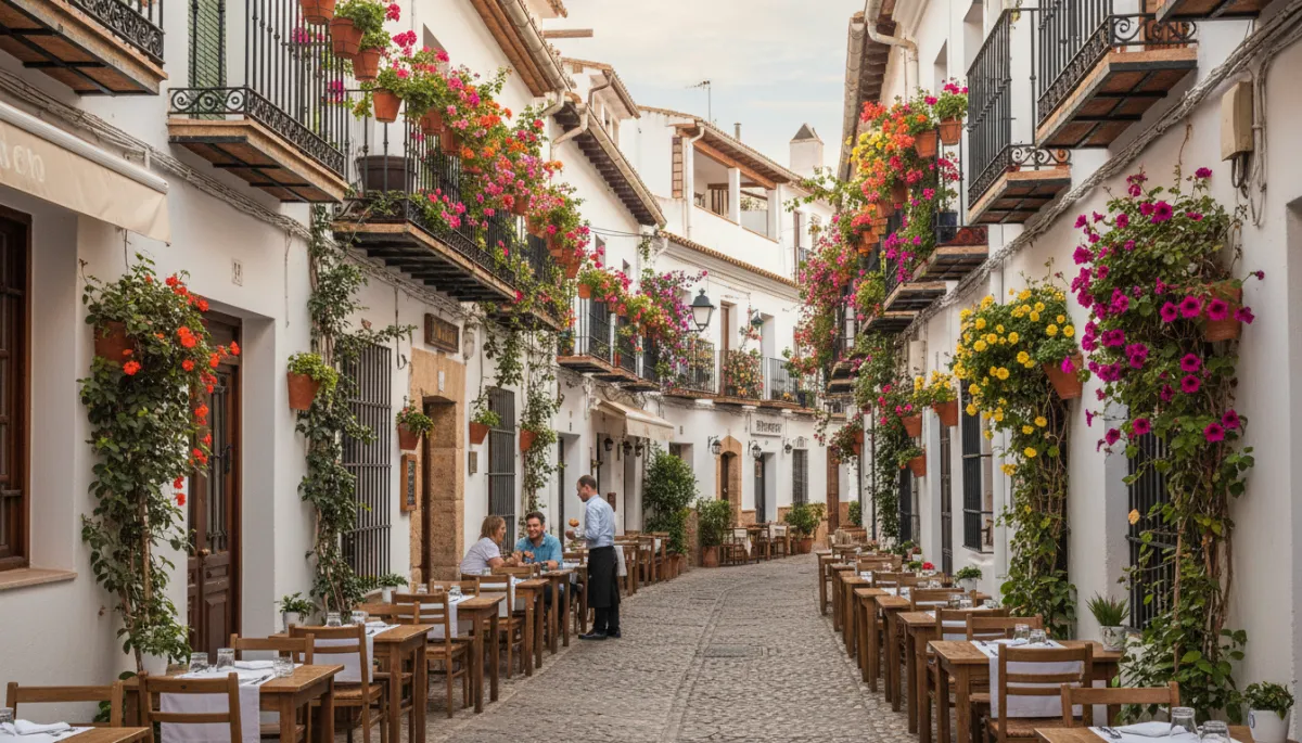 Calle típica del casco antiguo de Marbella con casas blancas y flores