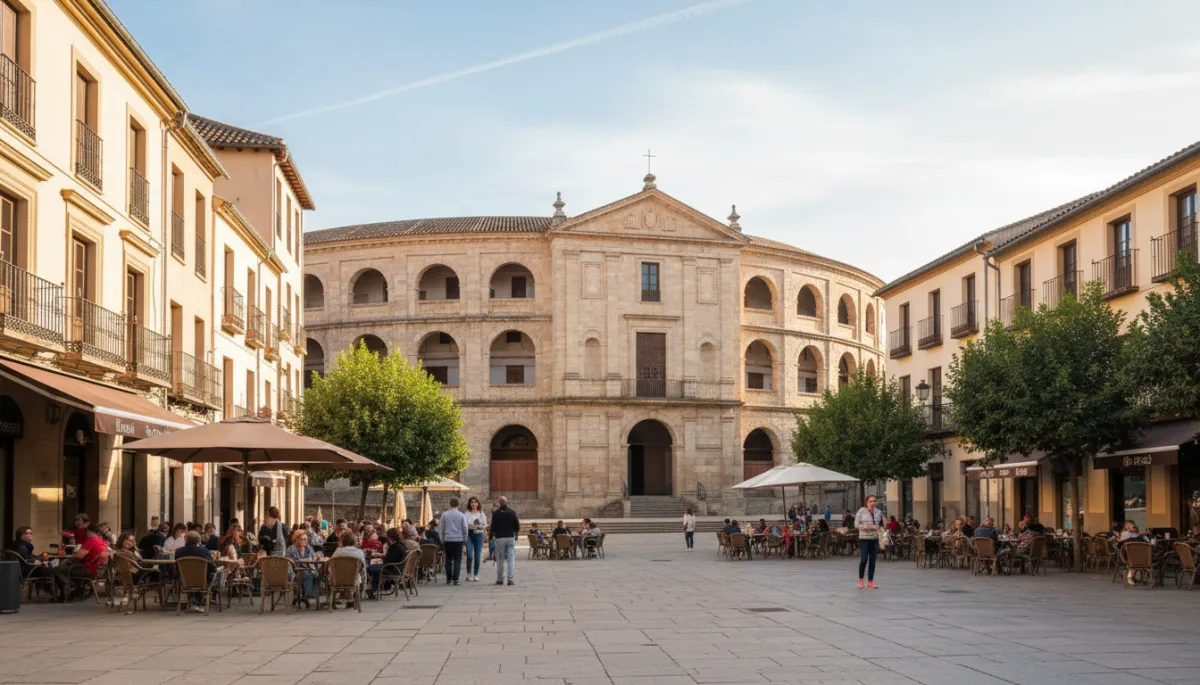 Plaza céntrica de Ronda con la Plaza de Toros y terrazas al aire libre en un día luminoso
