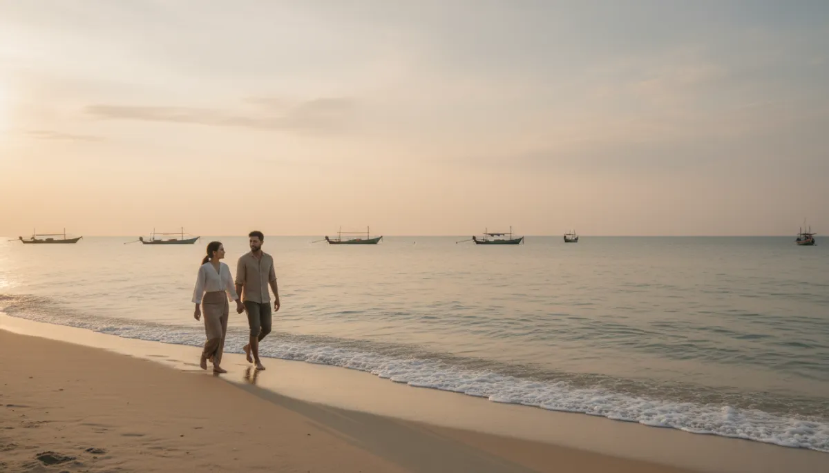 Playa realista y tranquila en la costa de Camboya al atardecer