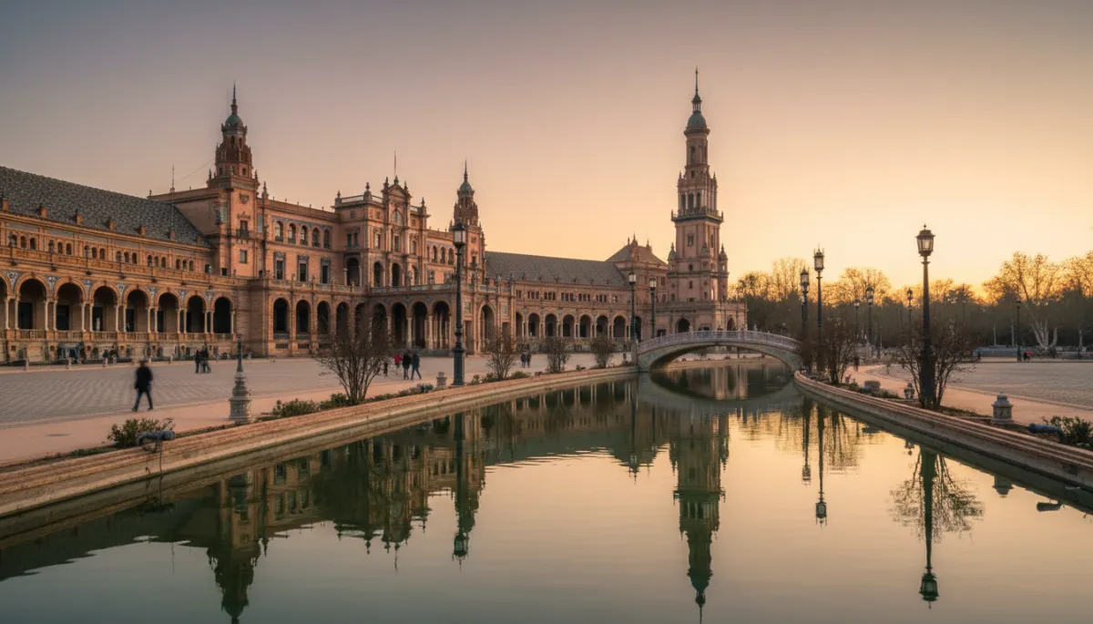 Vista fotorrealista de la Plaza de España de Sevilla al atardecer Vista fotorrealista de la Plaza de España de Sevilla al atardecer