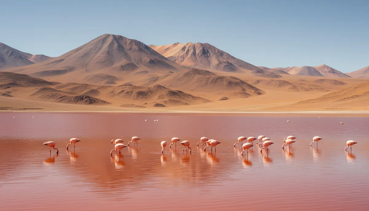 escena fotorrealista de la Laguna Colorada al mediodía, agua rojiza intensa, grupos de flamencos rosados alimentándose cerca de la orilla, montañas áridas al fondo bajo cielo azul pálido