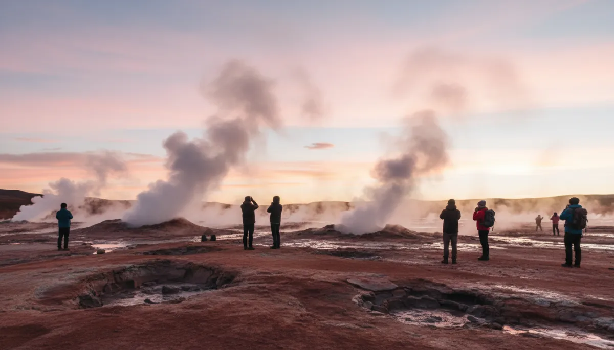 escena fotorrealista de los géiseres Sol de Mañana al amanecer, columnas de vapor elevándose desde el suelo agrietado, viajeros abrigados observando, cielo en tonos rosados y azules suaves