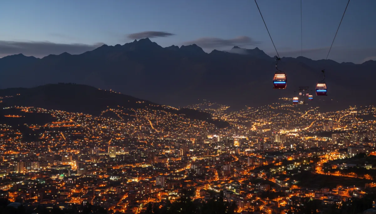 La Paz nocturna con el teleférico iluminado sobre la ciudad