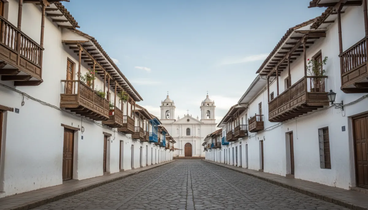 Casco histórico colonial de Sucre con fachadas blancas y balcones de madera