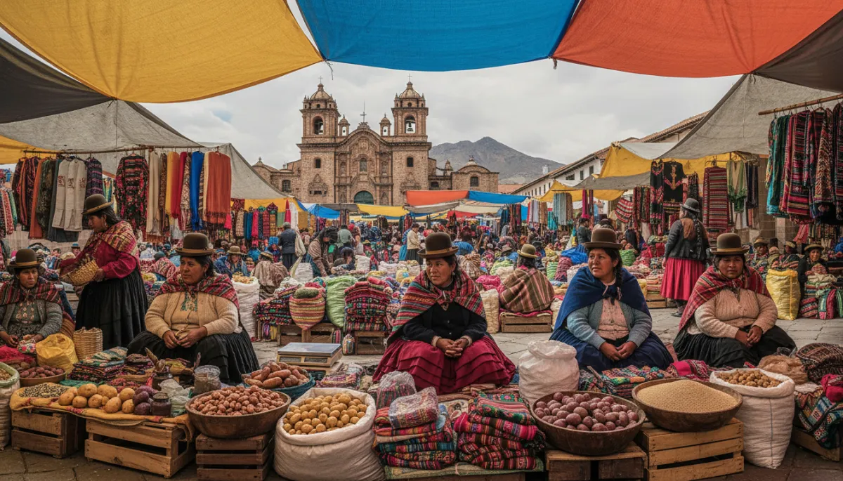 Mercado tradicional de Potosí con puestos de colores y vista lejana del Cerro Rico