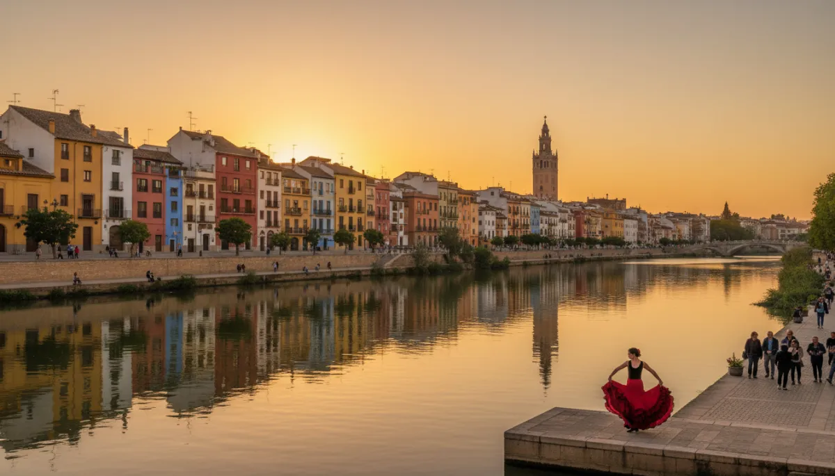 Vista de Triana desde el puente con reflejos dorados en el río Guadalquivir