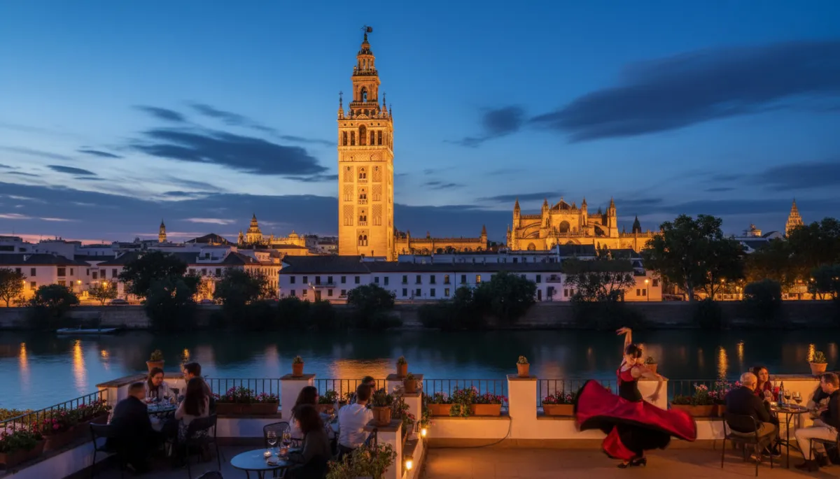 Giralda de Sevilla iluminada al anochecer vista desde una terraza