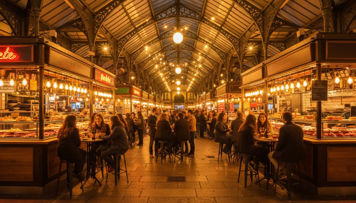 Mercado nocturno en Madrid con ambiente vibrante y puestos de tapas