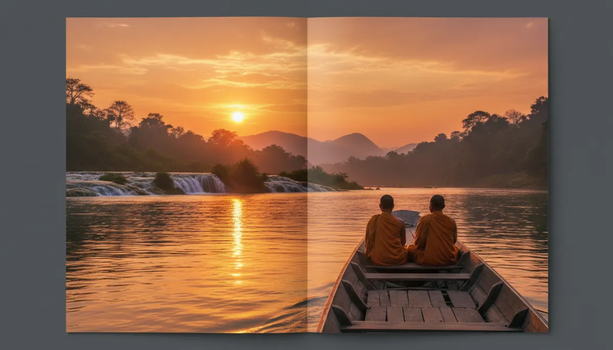 Barco lento navegando por el río Mekong al atardecer en Laos