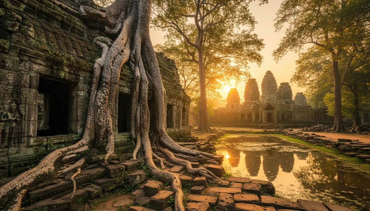 Árbol milenario cuyas raíces envuelven las paredes de Ta Prohm