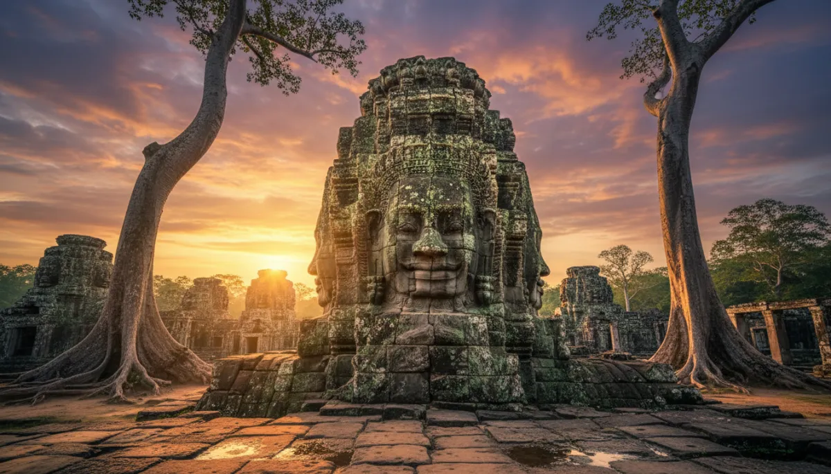 Rostro gigante de piedra en el templo Bayon en Camboya