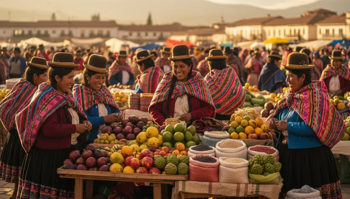 Mercado local boliviano con colores intensos y vida cotidiana