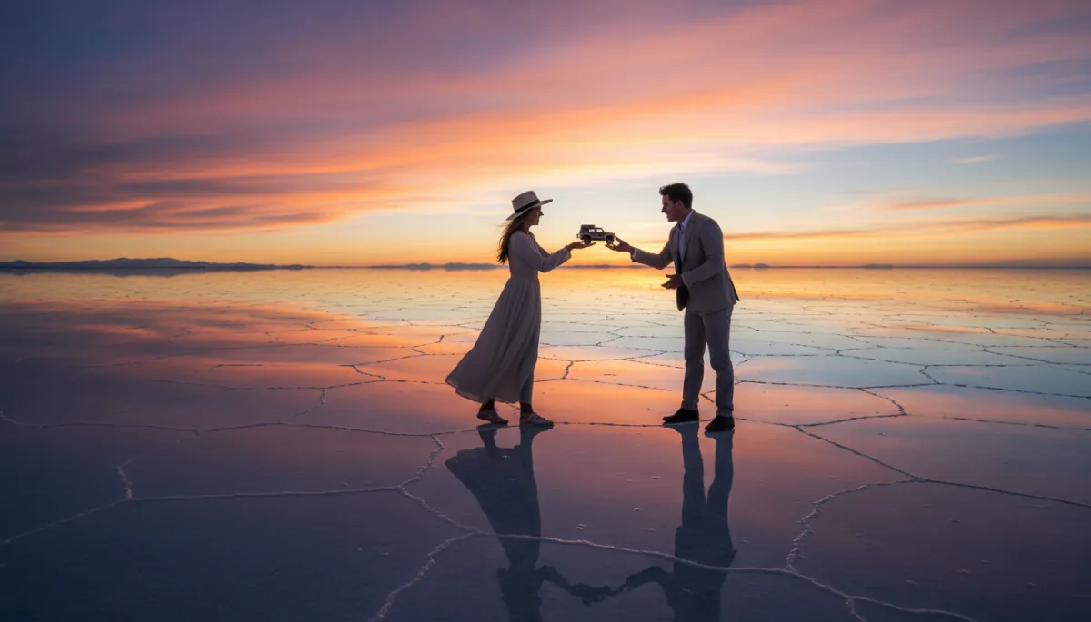 Viajeros jugando con perspectivas creativas en el Salar de Uyuni al atardecer