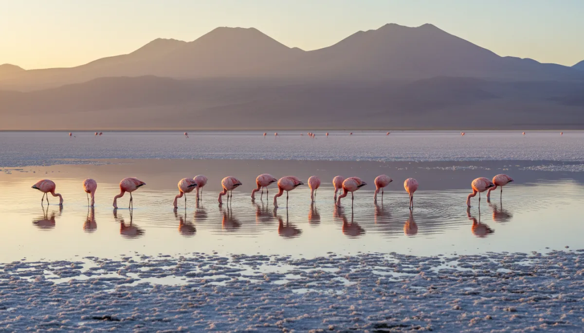 Flamencos rosados en laguna cercana al Salar de Uyuni al amanecer