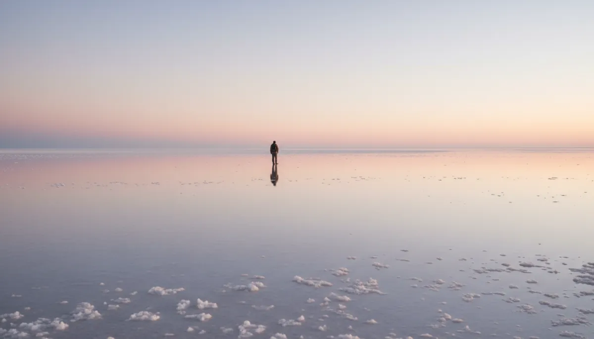 Viajero contemplando el atardecer reflejado en el Salar de Uyuni