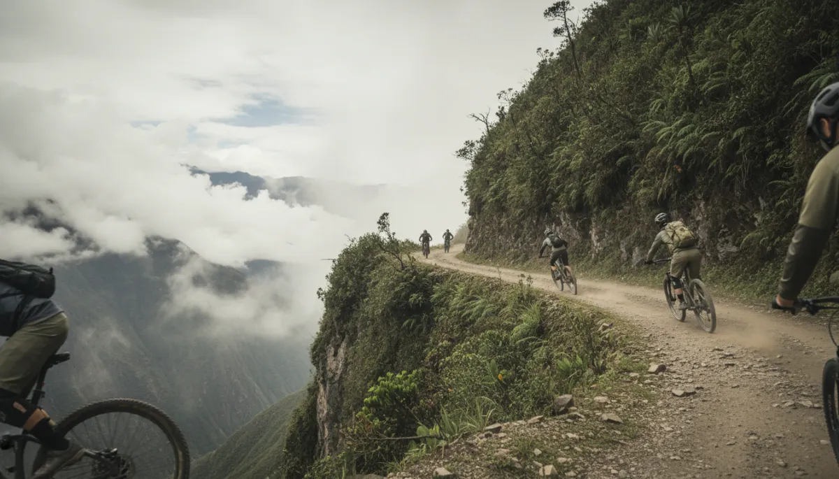 Ciclistas descendiendo por la peligrosa carretera de la Muerte en los Yungas