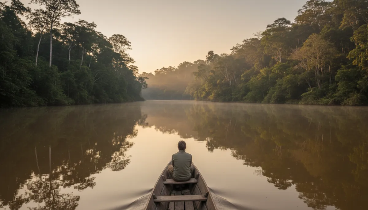 Lancha navegando por el río en la Amazonía boliviana cerca de Rurrenabaque