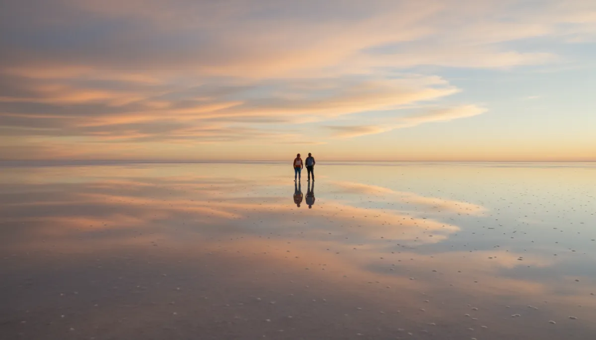 Espejo de agua en el Salar de Uyuni al atardecer con viajeros reflejados en la superficie