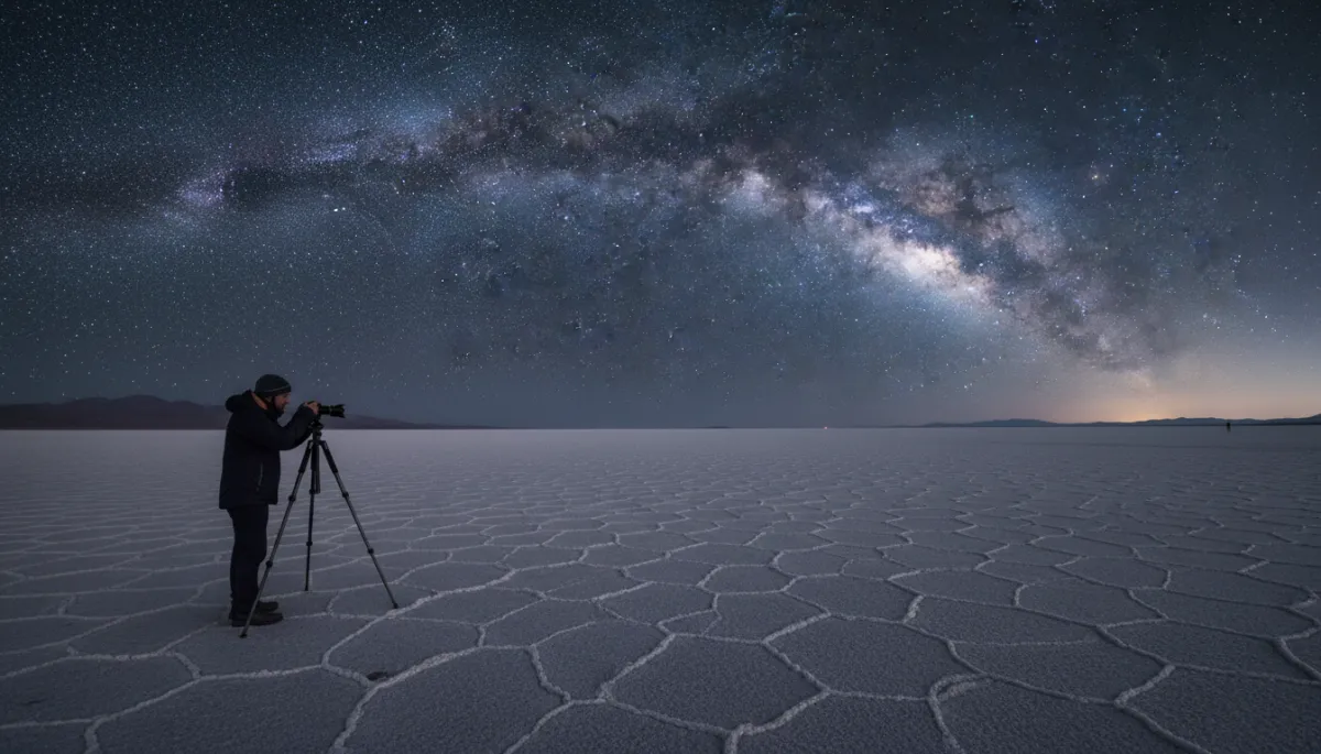 Cielo estrellado y Vía Láctea sobre la superficie seca del Salar de Uyuni con un fotógrafo usando trípode