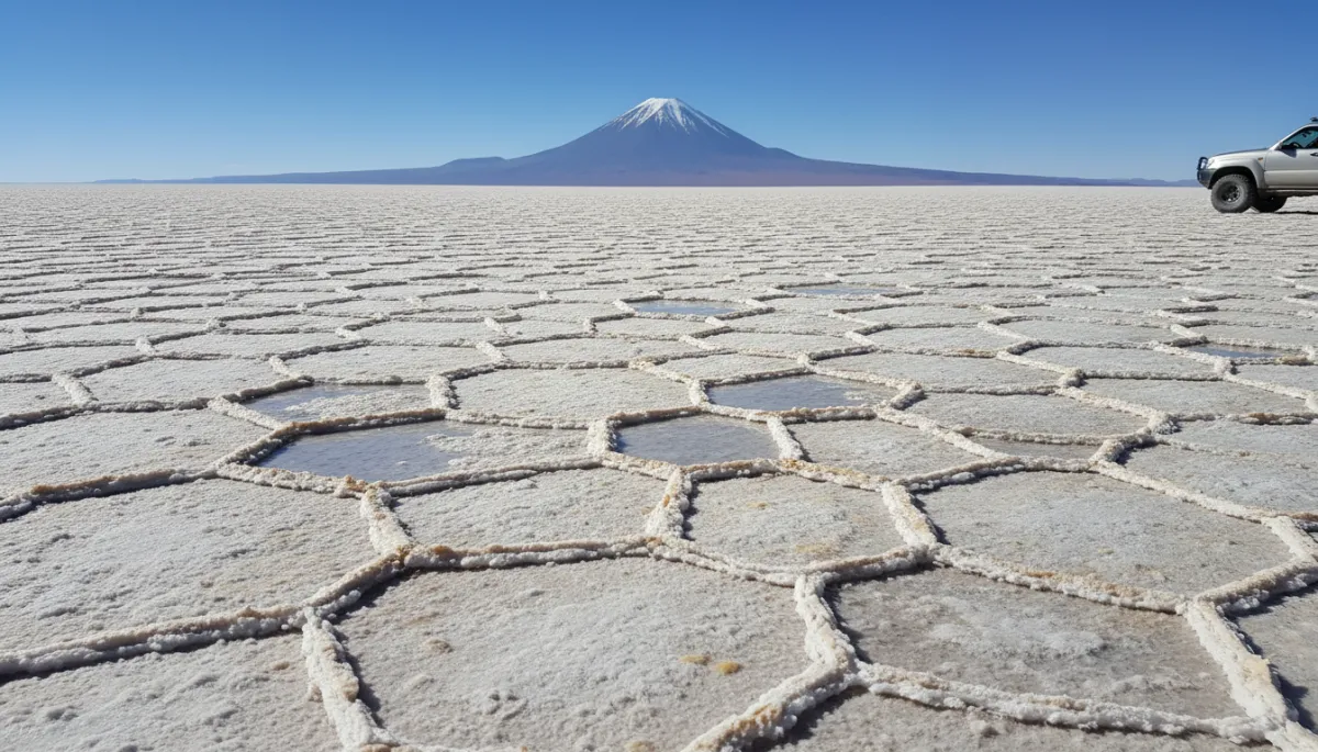 Superficie seca del Salar de Uyuni con figuras hexagonales de sal y un volcán al fondo