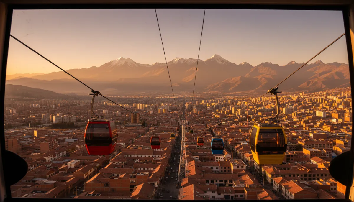 Teleférico de La Paz sobrevolando los barrios con montañas al fondo