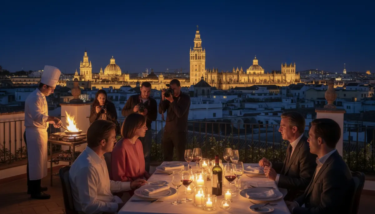 Cena privada fotorrealista en azotea de Sevilla con vistas nocturnas