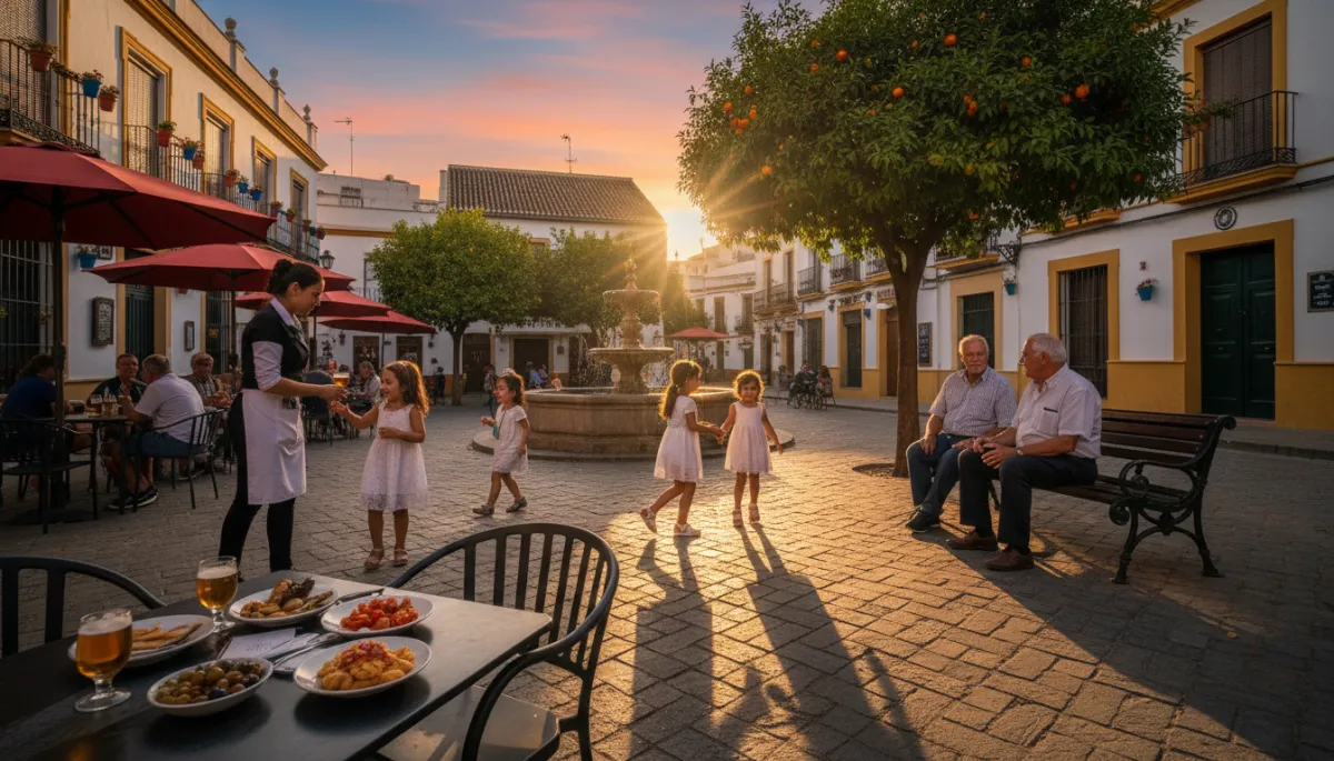 Plaza sevillana fotorrealista con terrazas y vida cotidiana al atardecer