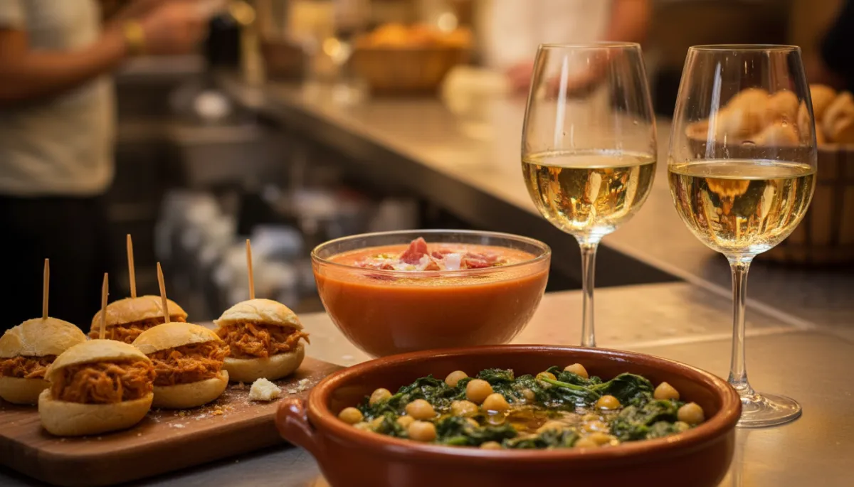 Tapas típicas sevillanas servidas en una barra con ambiente animado