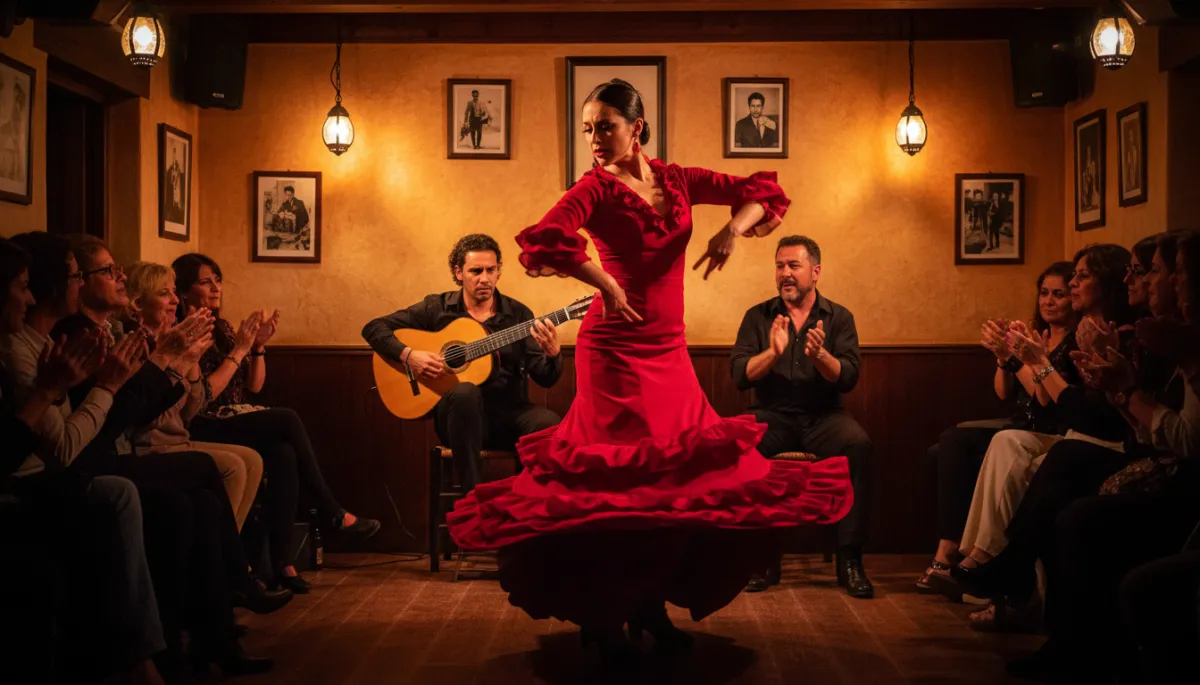 Tablao flamenco íntimo en Triana con bailaora y guitarrista