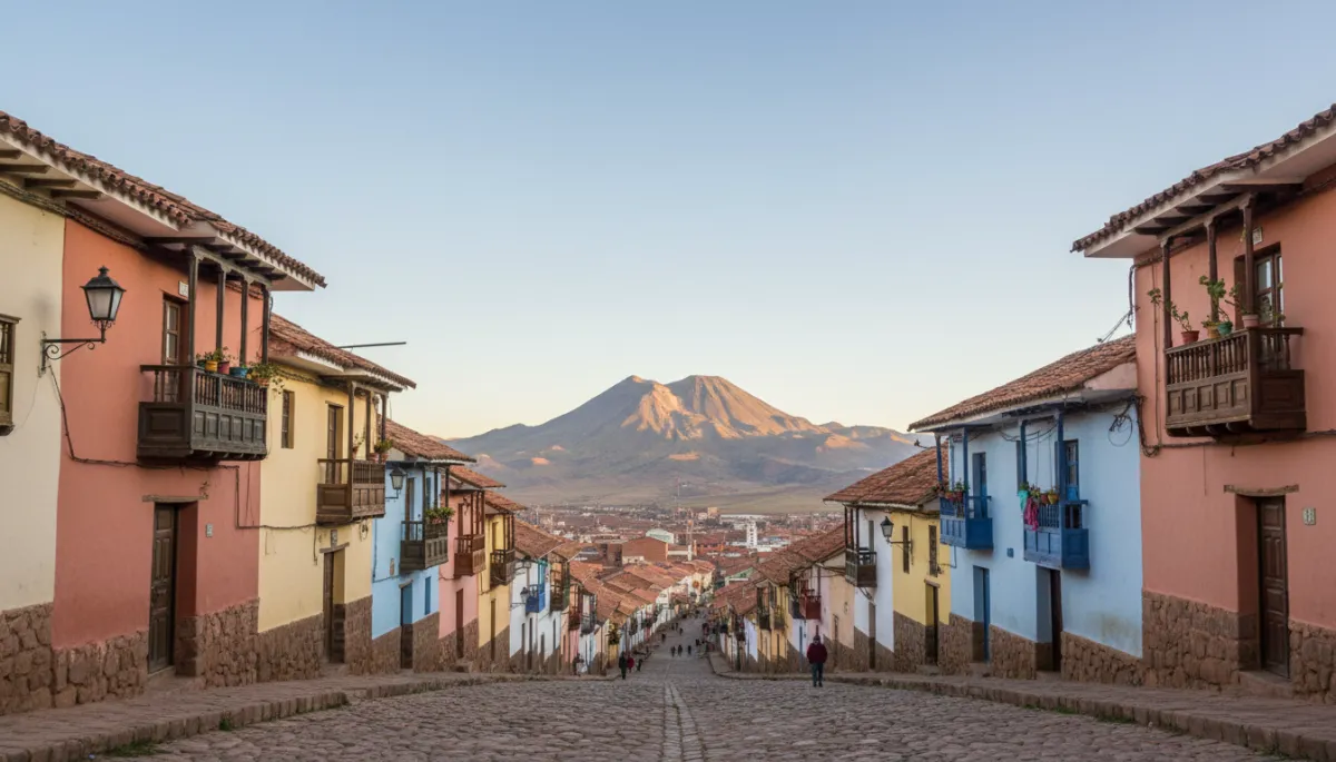 Calles coloniales de Potosí con el Cerro Rico al fondo
