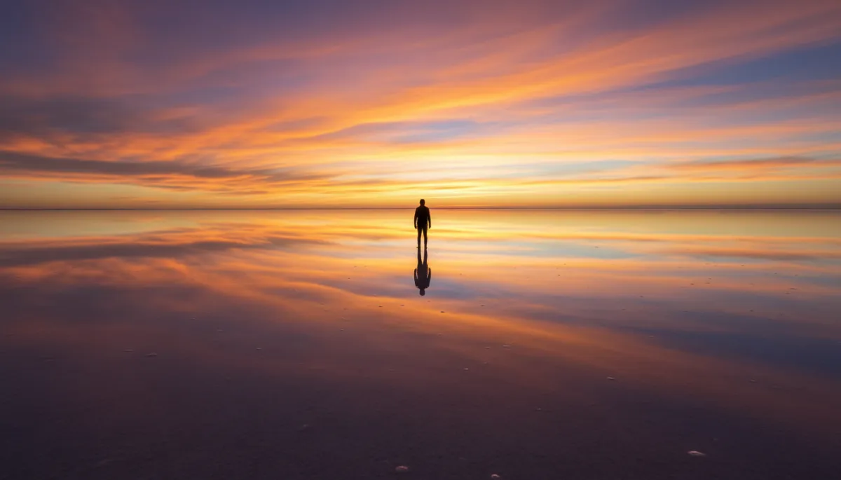 Vista fotorrealista y neutral del Salar de Uyuni al atardecer, capa mínima de agua creando un espejo perfecto, una silueta humana de pie en el centro, reflejo nítido de nubes doradas y rosadas, horizonte infinito sin distinguir cielo y tierra