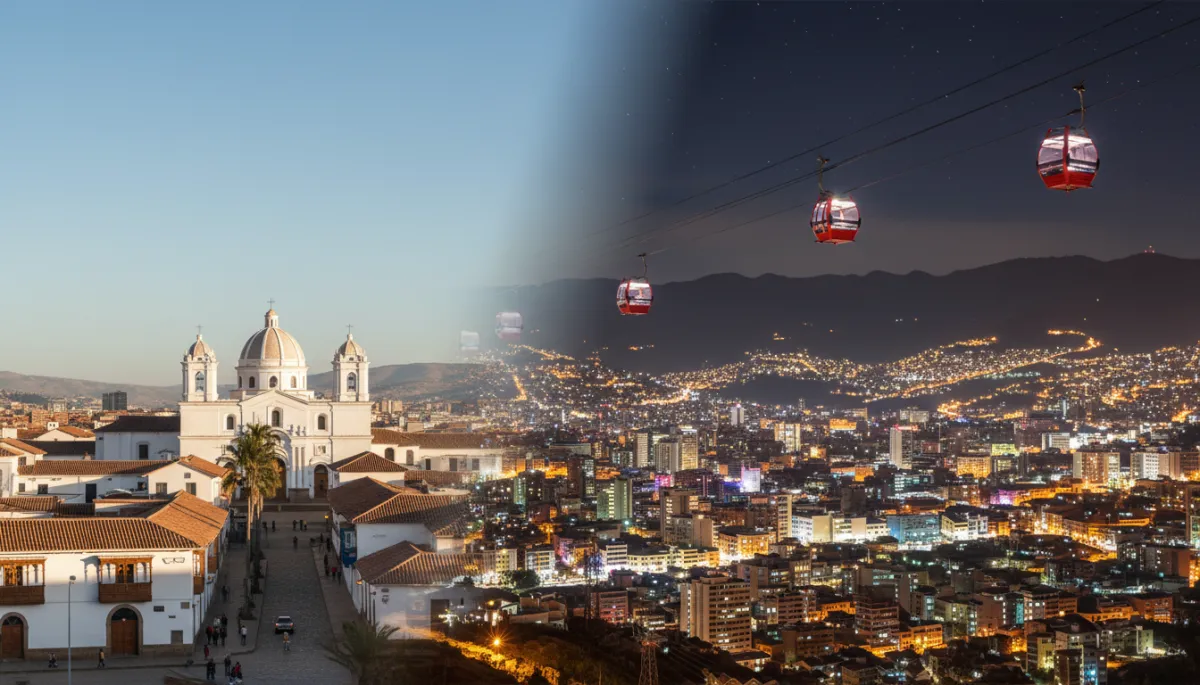 Vista fotorrealista en plano dividido; a la izquierda, casco histórico blanco y colonial de Sucre bajo cielo azul suave; a la derecha, La Paz nocturna encajada en la montaña con teleférico iluminado cruzando el cielo; tonos neutros y luz cálida