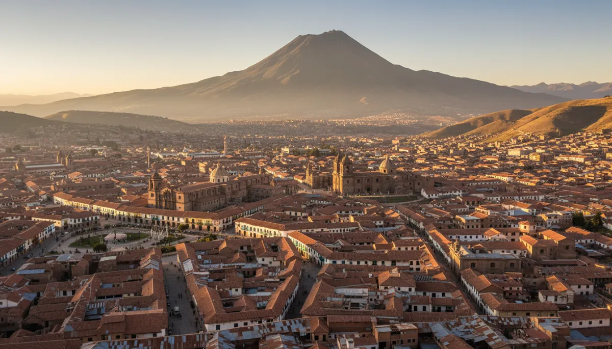 photorealistic magazine editorial, dramatic mountain colonial city, panoramic view of Cerro Rico Bolivia rising behind the tight grid of colonial rooftops and plazas of Potosí at golden hour, thin air haze over the city, neutral color palette of stone, adobe and metal roofs