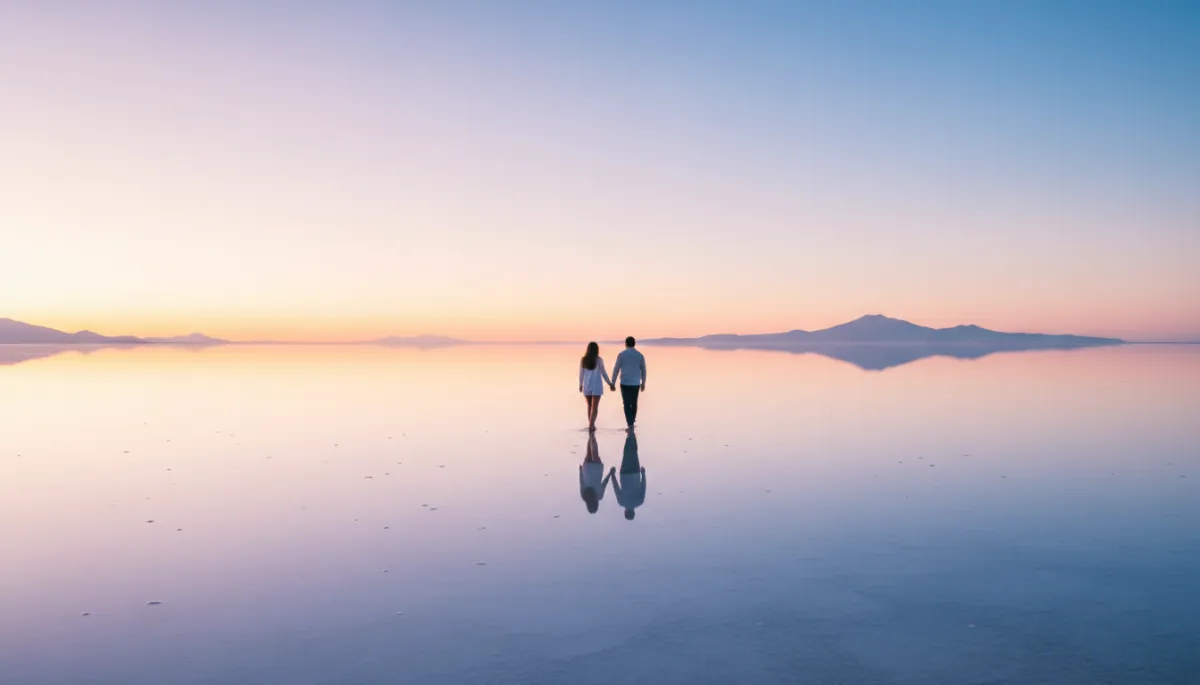 escena fotorrealista y vibrante del Salar de Uyuni al amanecer, horizonte infinito, cielo rosa y azul reflejado perfectamente en el espejo de sal, una pareja de espaldas caminando sobre el agua mínima, montañas lejanas difuminadas, luz dorada suave de revista