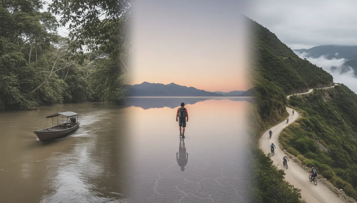 Fotografía fotorrealista en formato panorámico que combina tres escenas de Bolivia en tonos neutros: a la izquierda, una lancha navegando por un río amazónico rodeado de selva densa cerca de Rurrenabaque; en el centro, un viajero de espaldas caminando sobre el Salar de Uyuni al atardecer con el cielo reflejado como un espejo; a la derecha, una carretera serpenteante tallada en la ladera verde y abrupta de los Yungas con ciclistas descendiendo