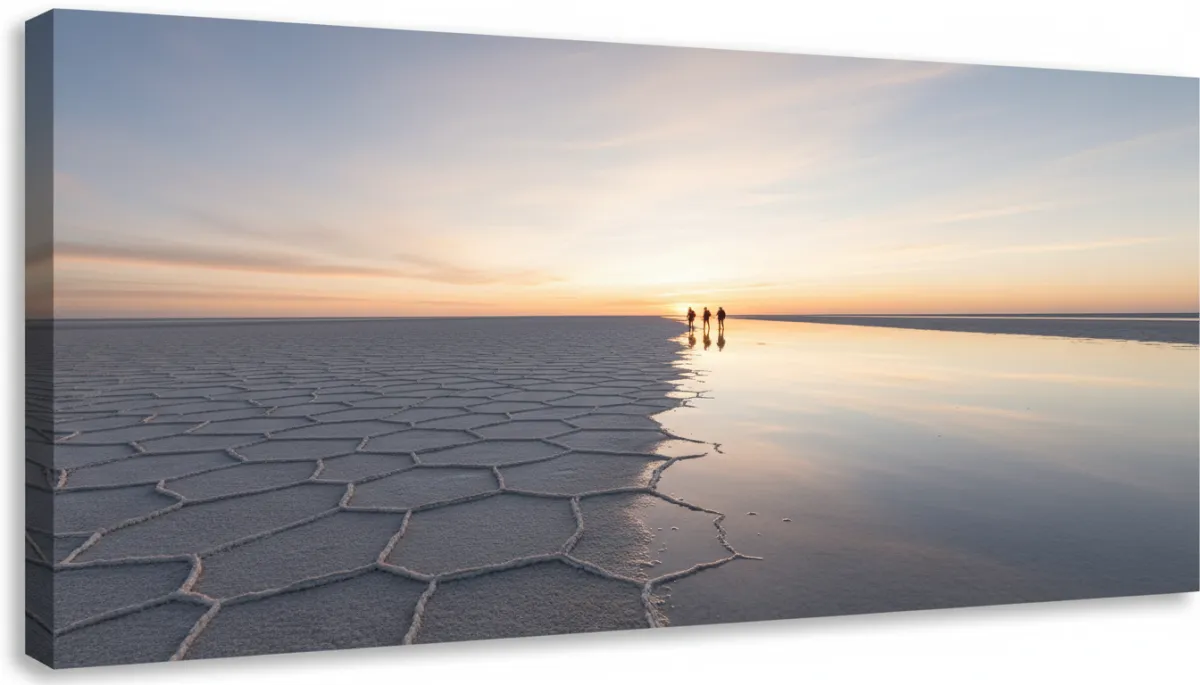 wide photorealistic view of Salar de Uyuni at sunrise, subtle neutral tones, half dry salt patterns half shallow water mirror, small group of travelers walking on horizon
