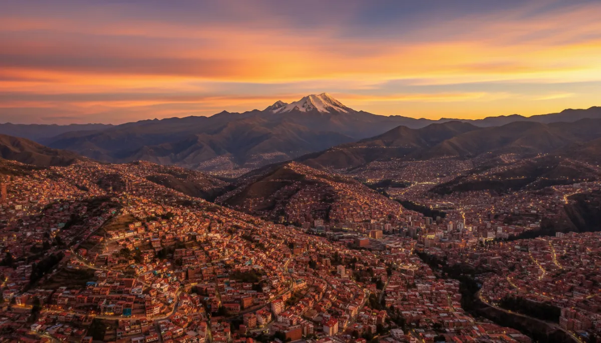 panorámica aérea fotorrealista de La Paz al atardecer, casas escalando las laderas rojizas, luces encendiéndose, el Illimani nevado dominando el horizonte, cielo dorado y violeta, estilo National Geographic vibrante cinematográfico