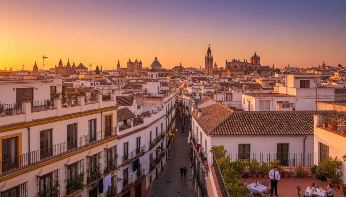 Escena fotorrealista al atardecer en Sevilla, vista elevada de un barrio histórico con azoteas, ropa tendida, fachadas encaladas y cúpulas al fondo; luz dorada andaluza bañando las calles estrechas, una pareja camina de la mano y un camarero sirve copas en una terraza
