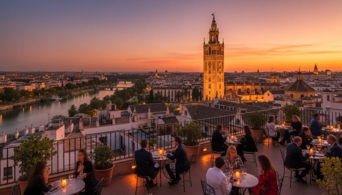 Vista panorámica fotorrealista y vibrante de Sevilla al atardecer desde una azotea elegante, con la Giralda dorada recortándose sobre el cielo naranja y rosa, el río Guadalquivir serpenteando al fondo y terrazas con mesas iluminadas por velas