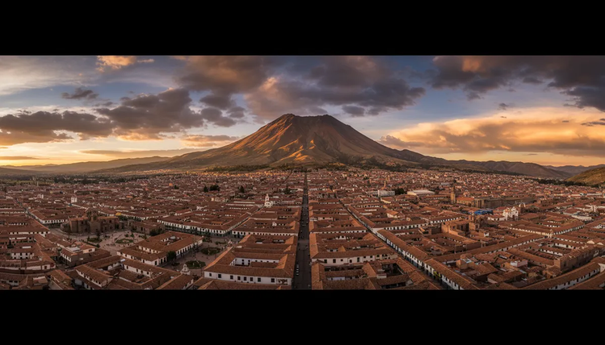 Vista panorámica fotorrealista del Cerro Rico con la ciudad colonial de Potosí a sus pies, techos de teja roja, cielo andino dramático con nubes y luz dorada de atardecer, tonos neutros y realistas